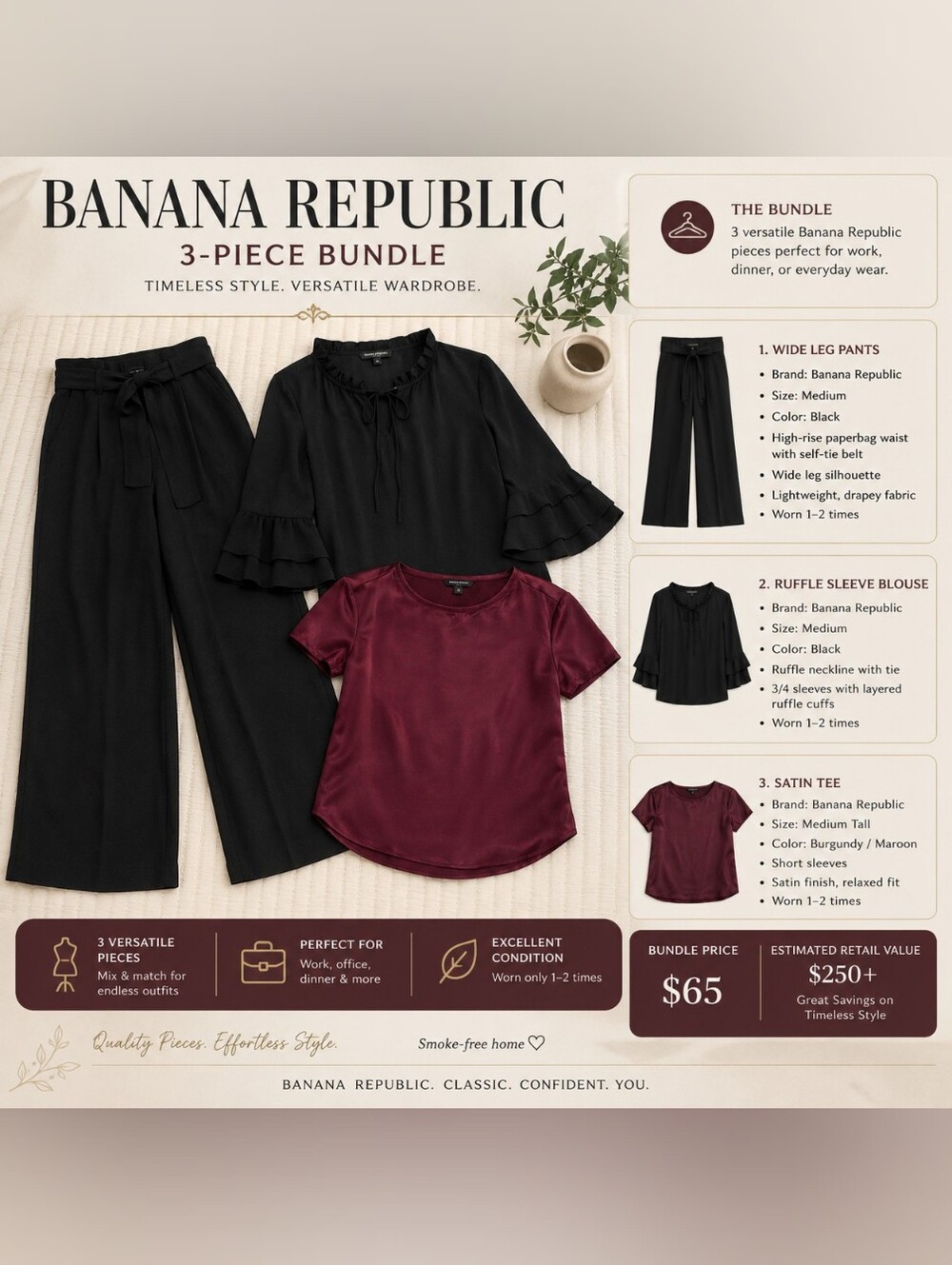 ✨Banana Republic 3-Piece Bundle | Medium | Wide Leg Pants + 2 Blouses | EUC